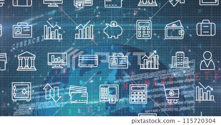Image of financial icons over data processing on blue background Image of financial icons over data processing on blue background 115720304