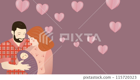 Image of caucasian parents with baby over pink background with hearts 115720323