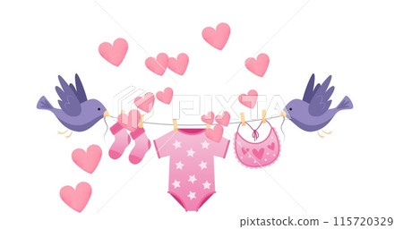 Image of birds holding string with baby clothes over white background with hearts 115720329