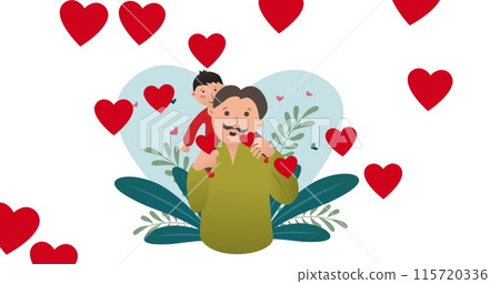 Image of caucasian father and son over white background with hearts Image of caucasian father and son over white background with hearts 115720336