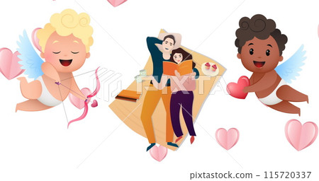 Image of caucasian couple reading on blanket over white background with angels and hearts Image of caucasian couple reading on blanket over white background with angels and hearts 115720337