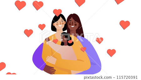 Image of diverse lesbian couple with daughter over white background with hearts Image of diverse lesbian couple with daughter over white background with hearts 115720391