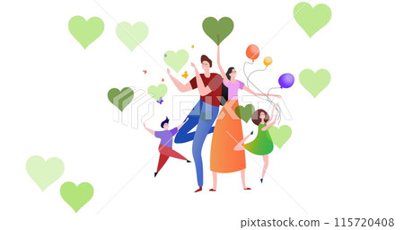 Image of caucasian parents and children over white background with hearts 115720408