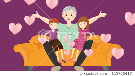 Image of grandmother with grandchildren over purple background with hearts 115720417