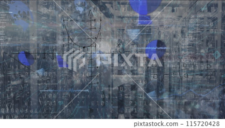 Image of mathematical equations and data processing over server room 115720428
