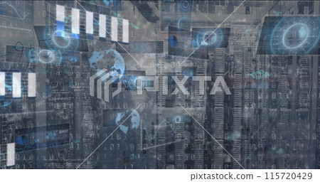 Image of mathematical equations and data processing over server room Image of mathematical equations and data processing over server room 115720429