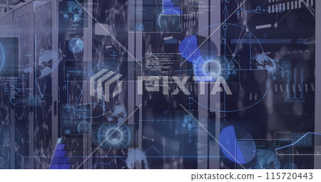 Image of mathematical equations and data processing over server room 115720443