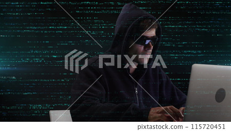 Image of data processing and caucasian male hacker over black background Image of data processing and caucasian male hacker over black background 115720451