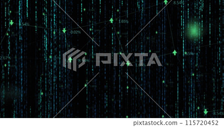 Image of data processing and arrows over black background Image of data processing and arrows over black background 115720452