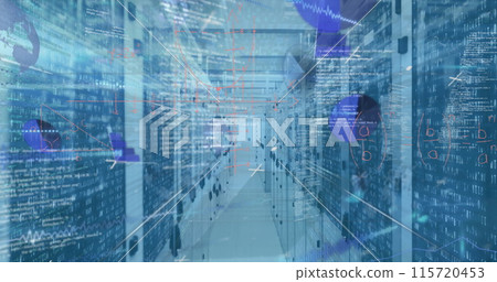 Image of mathematical equations and data processing over server room Image of mathematical equations and data processing over server room 115720453