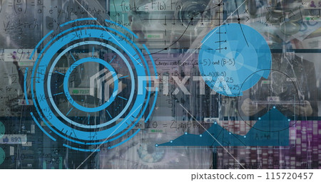Image of mathematical equations and data processing over server room Image of mathematical equations and data processing over server room 115720457