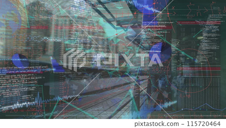 Image of mathematical equations and data processing over cityscape 115720464