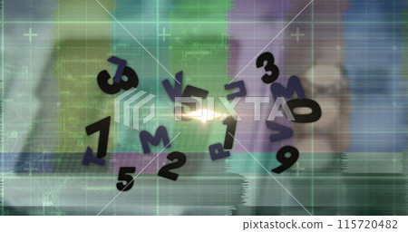 Image of light spot over changing numbers and alphabets against test screen glitch 115720482