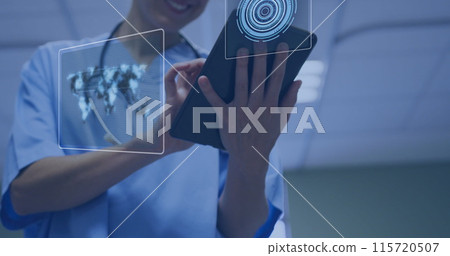 Image of data processing over caucasian female doctor using tablets 115720507