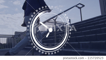 Image of clock moving over caucasian businessman running upstairs Image of clock moving over caucasian businessman running upstairs 115720523