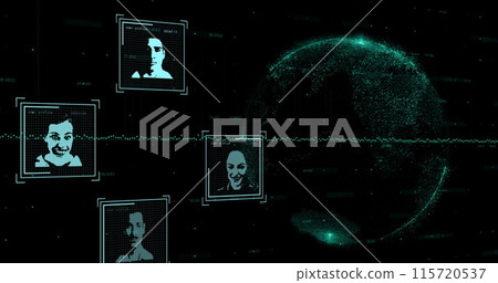 Image of user photos, globe and data processing in black space Image of user photos, globe and data processing in black space 115720537