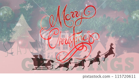 Image of christmas greetings text over christmas decorations and santa claus in sleigh 115720611