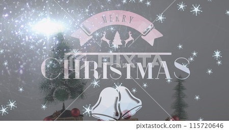 Image of christmas greetings text over christmas tree and decorations 115720646
