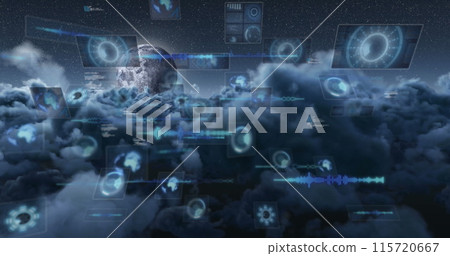 Image of data processing with scope scanning over sky with moon and clouds 115720667