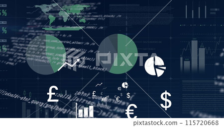 Image of financial data processing on black background 115720668