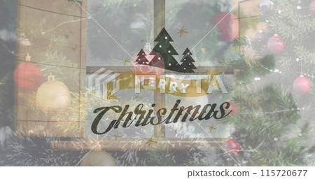 Image of christmas greetings text over christmas tree and decorations 115720677
