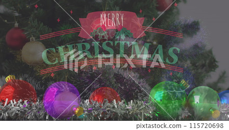 Image of christmas greetings text over christmas tree and decorations 115720698
