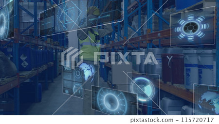 Image of data processing with scope scanning over african american female worker in warehouse Image of data processing with scope scanning over african american female worker in warehouse 115720717