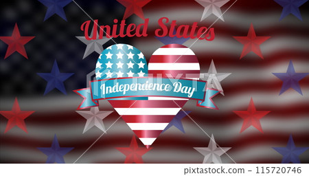 Image of independence day text and heart over flag of united states of america 115720746