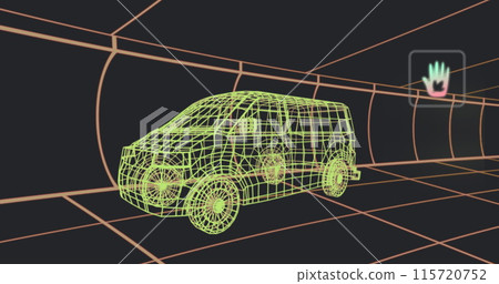 Image of multiple digital icons over 3d van model moving in seamless pattern in a tunnel Image of multiple digital icons over 3d van model moving in seamless pattern in a tunnel 115720752