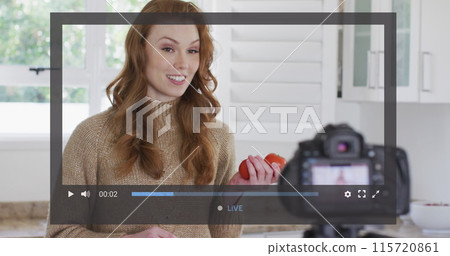 Image of digital interface and data processing over caucasian woman recording food vlog Image of digital interface and data processing over caucasian woman recording food vlog 115720861