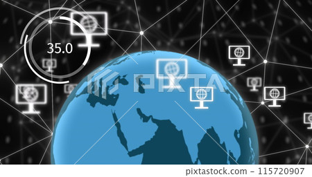 Image of network of connections and digital icons over globe on black background Image of network of connections and digital icons over globe on black background 115720907