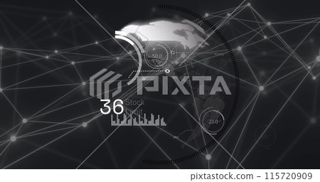 Image of network of connections and globe over black background 115720909