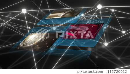 Image of network of connections and digital icons on screen over black background 115720912