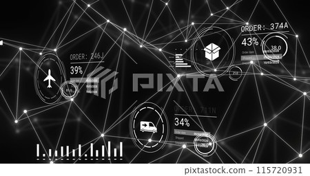 Image of network of connections and data processing over dark background 115720931