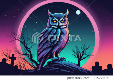 Owl perches on a mystical night in the haunting Halloween night under moonlight, creating a spellbinding and eerie atmosphere. 115720950