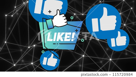 Image of network of connections and social media thumbs up over black background 115720984