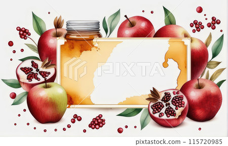 Watercolor of jewish holiday of Rosh hashanah (Jewish New Year). 115720985