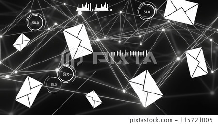 Image of network of connections and digital icons over black background Image of network of connections and digital icons over black background 115721005