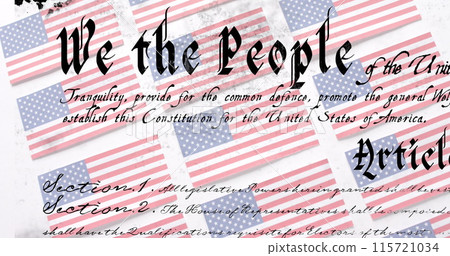 Image of constitution text over flags of united states of america on white background 115721034