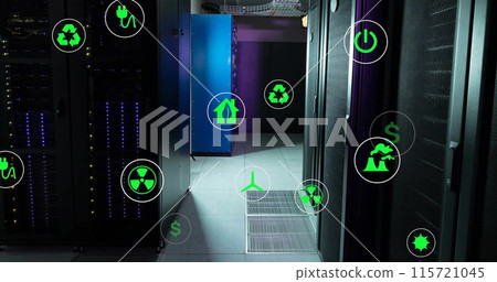 Image of eco icons and data processing over computer servers 115721045