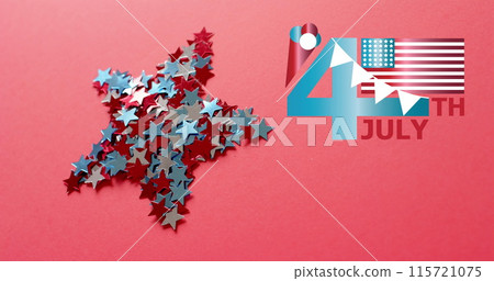 Image of 4th of july text over star and flag of united states of america on red background 115721075