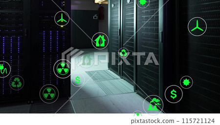 Image of eco icons and data processing over computer servers Image of eco icons and data processing over computer servers 115721124