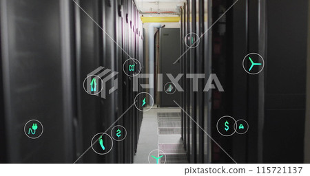 Image of eco icons and data processing over computer servers 115721137