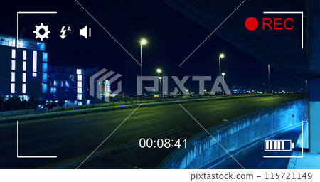 Image of night traffic in fast motion, seen on a screen of a digital camera in record mode with icon Image of night traffic in fast motion, seen on a screen of a digital camera in record mode with icon 115721149