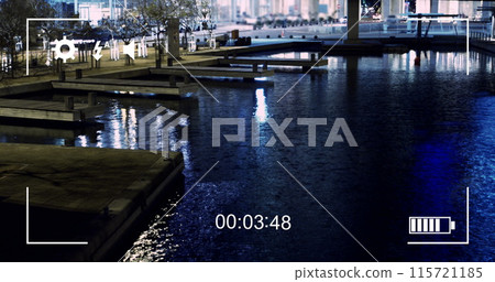 Image of night traffic in fast motion, seen on a screen of a digital camera in record mode with icon Image of night traffic in fast motion, seen on a screen of a digital camera in record mode with icon 115721185