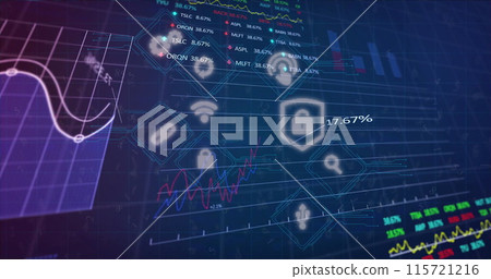 Image of digital icons and financial data processing Image of digital icons and financial data processing 115721216