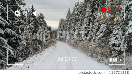 Digital camera records snowy forest scene in 4k with on-screen icons and timer. Digital camera records snowy forest scene in 4k with on-screen icons and timer. 115721218