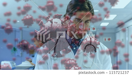 Doctor faces COVID-19 in hospital, symbolizing pandemic's impact on healthcare. Doctor faces COVID-19 in hospital, symbolizing pandemic's impact on healthcare. 115721237