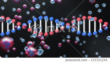 Image of 3d DNA strand spinning with Covid 19 coronavirus cells icons floating on black background 115721243