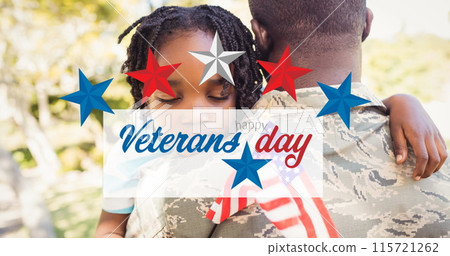 Image of happy veterans day text over male soldier embracing son 115721262